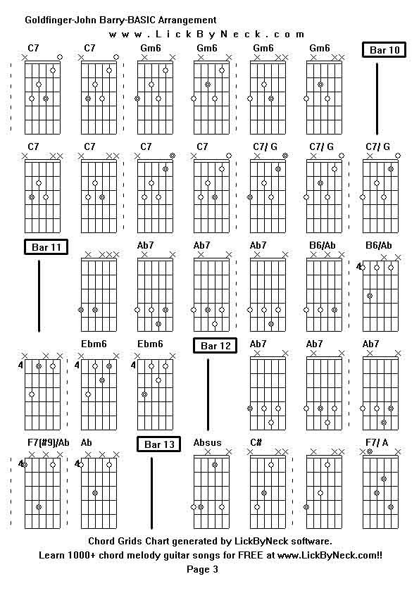 Chord Grids Chart of chord melody fingerstyle guitar song-Goldfinger-John Barry-BASIC Arrangement,generated by LickByNeck software.